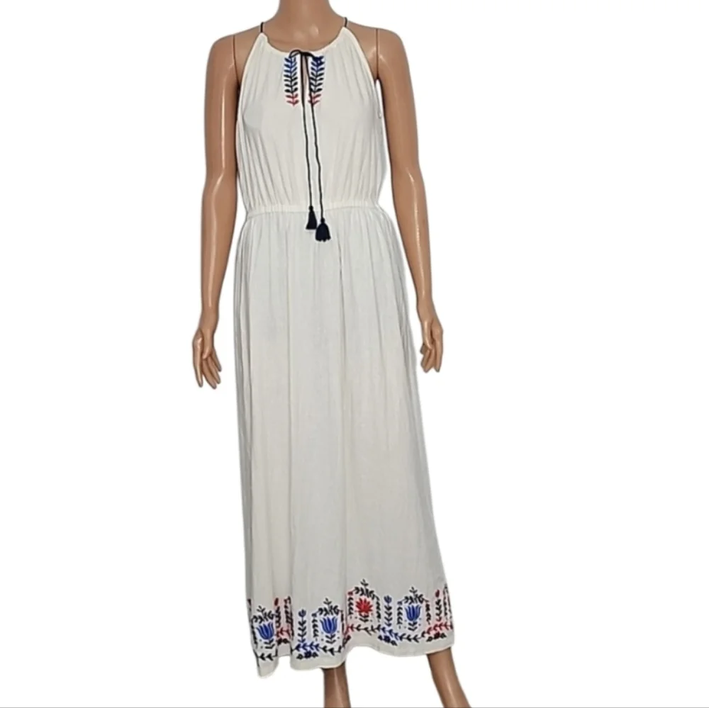 J.Crew Linen‎ Blend Floral Embroidered Ivory Maxi Dress Size M Medium